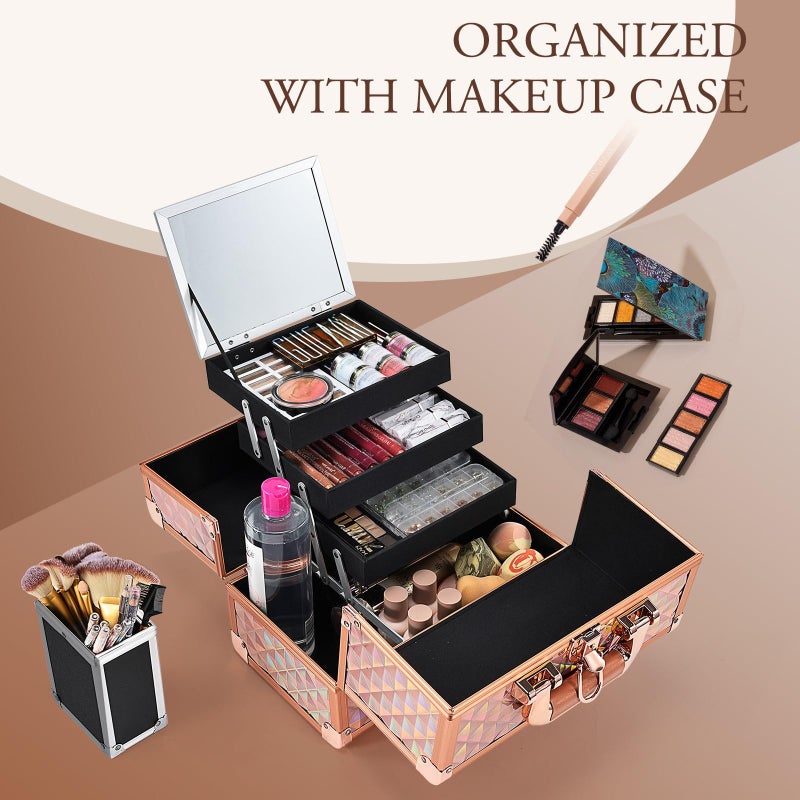 Joligrace Makeup Train Case Cosmetic Box 11.6 Inch Jewelry Organizer Professional 3 Tiers Trays with Mirror and Brush Holder Lockable Key Portable Travel - Rose Gold - Image 2